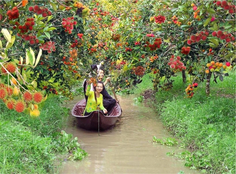 Du khách tham quan và thưởng thức trái cây tại Làng du lịch Mỹ Khánh.