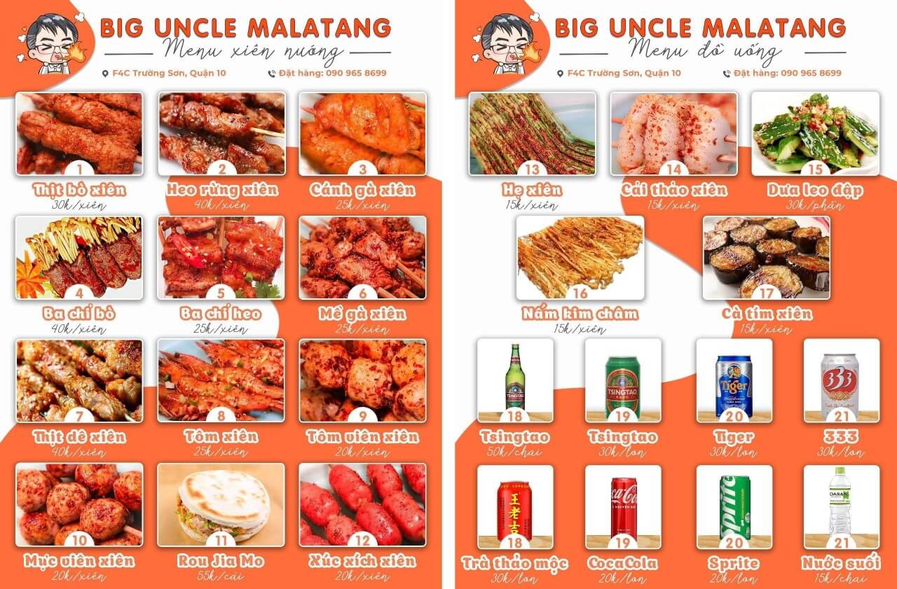 Menu quán có đầy đủ các món và có từng giá của từng món
